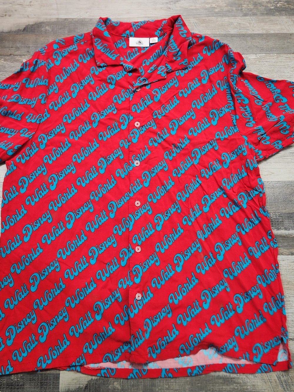 Disney Red Short-Sleeve Button-Up Shirt with Teal Script